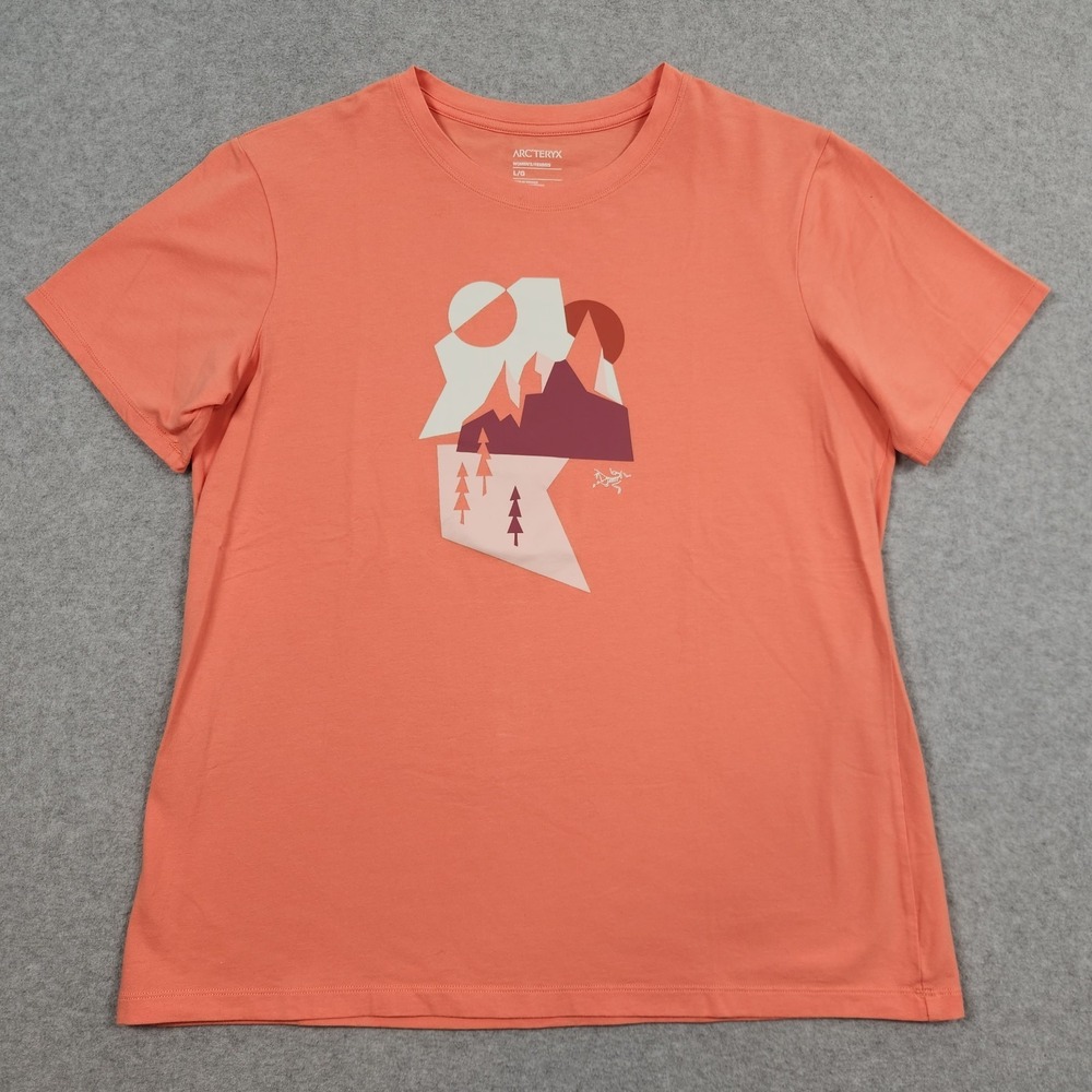 Arcteryx Shirt Womens Large Peach Paper Peaks Graphic Outdoor Hiking Top